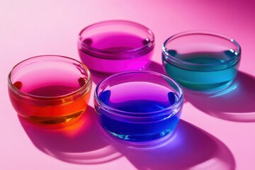 Aufkleber - Colorful glass bowls filled with vibrant liquids create an artistic display on a bright background