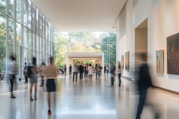 Aufkleber - Visitors explore a modern art gallery surrounded by natural light and vibrant exhibits