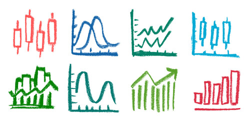 Wall Mural - Business Growth Chart Icon Crayon Chalk Drawing Vector Set