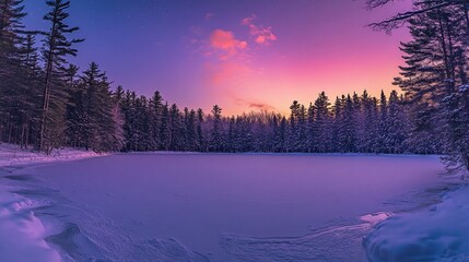 Aufkleber - Vibrant sunset over a frozen lake in a snowy pine forest.