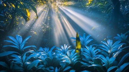 Aufkleber - Sunbeams illuminate lush, vibrant blue-green tropical foliage in a misty forest.