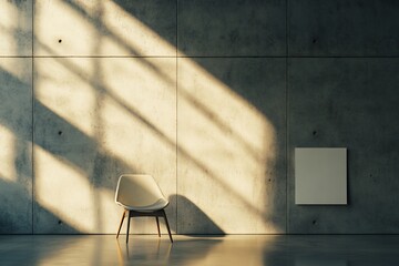 Poster - Minimalist room interior with chair and blank canvas in sunlight.