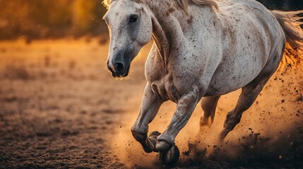 Aufkleber - A majestic gray horse gallops across a dusty field at sunset, kicking up dust with its powerful legs.