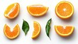 © Sarinya - Vibrant Orange Slices and Green Leaves on White Backdrop Capturing Freshness and Natural Beauty in a Minimalist Style