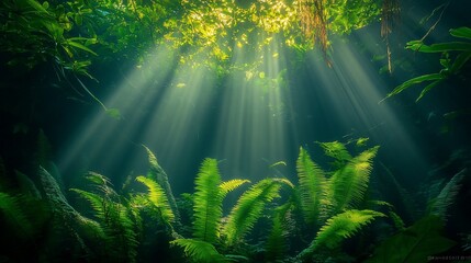 Poster - Sunbeams illuminate lush underwater ferns and plants in a dark, mysterious cave.