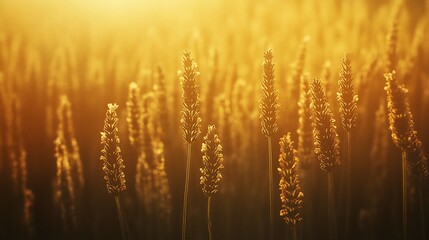 Poster - Golden hour sunlight illuminates a field of tall, ripe wheat stalks.