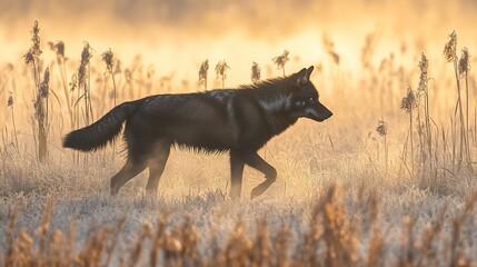 Aufkleber - Black wolf walking in foggy sunrise field.
