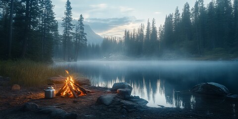Aufkleber - Misty lake morning, campfire with kettle, tranquil forest scene.