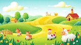 Idyllic Farm Scene with Cute Animals and Rolling Hills