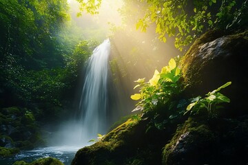 Aufkleber - Sunlit waterfall cascading through lush green rainforest, mossy rocks, plants.