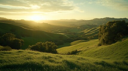 Aufkleber - Golden hour sunset over rolling green hills and valleys.
