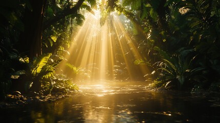 Aufkleber - Sunbeams illuminate a tranquil jungle stream, dappled sunlight filtering through lush foliage.