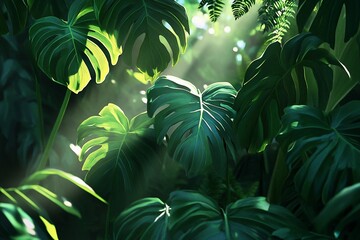 Poster - Lush green tropical foliage with sunlight streaming through leaves.