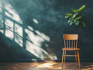 Poster - Wooden chair in sunlit room with dark wall and plant.