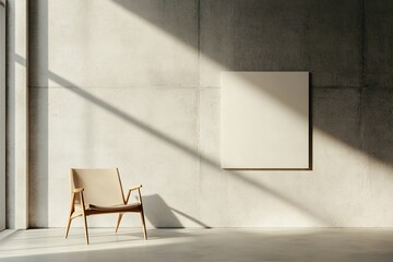 Aufkleber - Sunlit minimalist room with chair and blank canvas. (1)