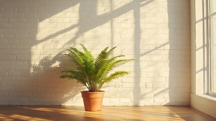 Aufkleber - Sunlit fern in terracotta pot against white brick wall.