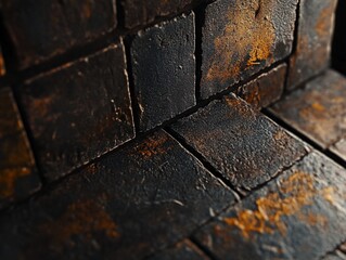 Poster - Dark brown stone wall texture, close-up view of square stones with varied shades and textures.