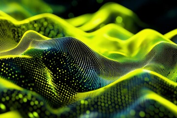 Poster - Abstract wavy surface with glowing particles.