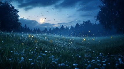 Aufkleber - Magical night scene of fireflies illuminating a grassy field, trees, and a full moon in the sky.