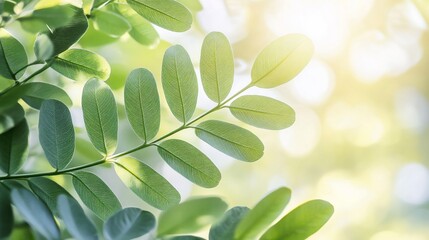 Poster - Close-up of vibrant green leaves illuminated by sunlight, creating a fresh and natural background.