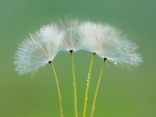 Aufkleber - Four dandelion seed heads with water droplets, close-up.