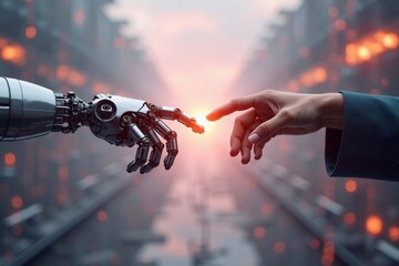 Wall Mural - human and robot hands touching. robot finger touching man's finger symbolizing connection and mutual