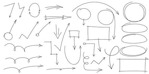 Leinwandbilder - Hand drawn arrows, highlight, text underline strokes and emphasis marks. Set of Sketches of arrows, ellipse, rectangle, oval and mark. Collection of vector doodle elements and shapes for notes