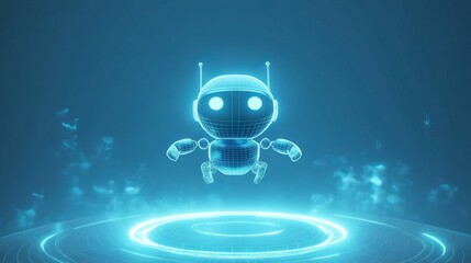 3D abstract AI robot floating above a neon light blue portal Technology innovation background Cute polygonal futuristic bot assistant Low poly wireframe vector illustration