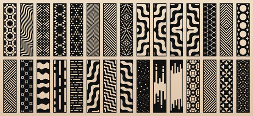Fototapete - Big vector collection of 30 templates for laser, CNC cut. Modern design with abstract linear geometric patterns, floral ornaments. Stencils for cutting of wood, paper, metal, plywood. Aspect ratio 1:4