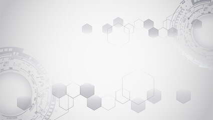 Poster - Abstract futuristic communication. Hi-tech grey background with various technology elements. Vector illustration of circuit board and hexagons.