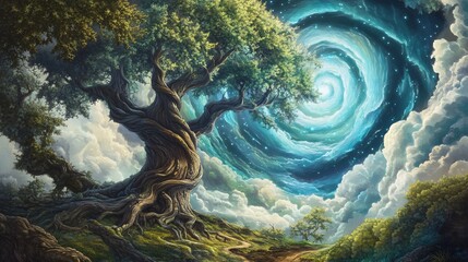 A surreal landscape featuring a large, ancient tree against a backdrop of swirling clouds and a vortex-like sky. Dreamlike and ethereal atmosphere.