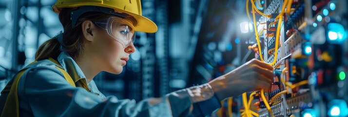 Wall Mural - female electrician and engineer work on an electrical circuit with many cables for communication and data transfer