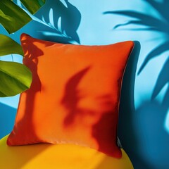 Poster - Vibrant Color-Block Cushion Design Tropical Botanical Shadow Play for Modern Interior Styling, Trend-Forward Home Decor and Creative Visual Merchandising