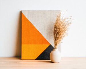 Poster - Minimalist Color Block Art Warm Geometric Canvas with Organic Pampas Grass - Contemporary Home Decor Styling for Mindful Living Spaces