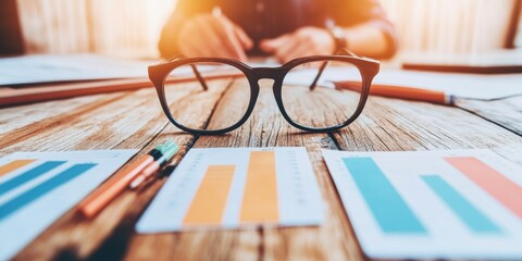 Fototapete - Minimalist Financial Analytics Stylish Eyewear on Rustic Wood with Dynamic Data Visualization - Modern Workspace Insight for Digital Entrepreneurship and Strategic Planning