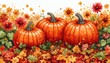 © Foxeye AI - Three pumpkins nestled amongst autumn leaves and flowers. Perfect for Thanksgiving, fall harvest, and autumnal designs.
