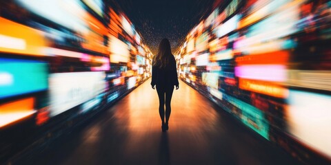 Fototapete - Immersive Digital Transformation Blurred Motion Journey Through Futuristic Data Corridor - Next-Gen Tech Innovation and Experiential Marketing Visualization