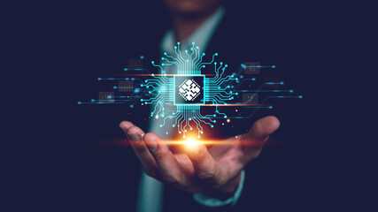 businessman showing electronic circuit board chip, concept of world of innovation, cutting edge tech
