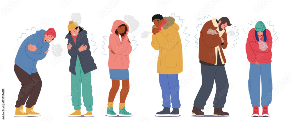 Diverse people cartoon characters freezing shivering from cold low ...