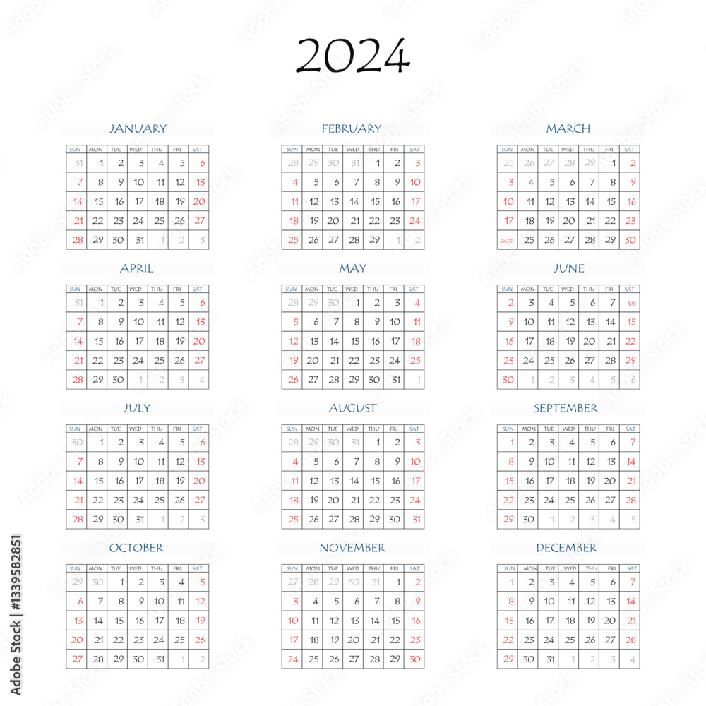 2024 calendar planner. Corporate week. Template layout, 12 months ...