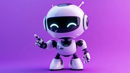 cute 3d robot pointing and winking isolated on a purple background friendly cartoon robot in 3d rend