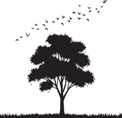 Silhouette tree and birds flying vector illustration nature background design for print or web 100
