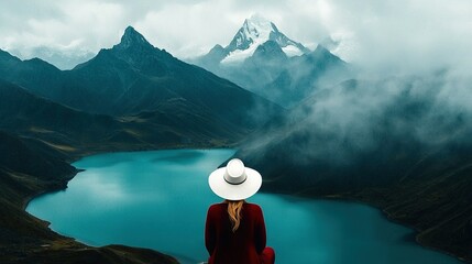 Wall Mural - a woman in a red dress and white hat gazes at a tranquil mountain lake, surrounded by majestic peaks