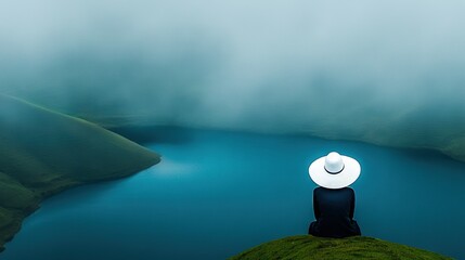 Wall Mural - a person sits atop a green hill, wearing a white hat, beside a serene body of water