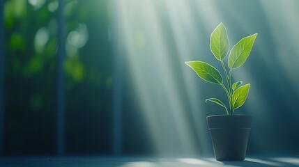 Wall Mural - a potted plant with a lush green center and glowing rays of light