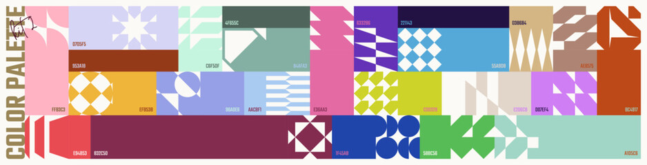 Poster - Color palette set, trendy different combined colors with HEX codes, vector banner with colorful ornament of abstract geometric shapes in brutalism style, modern collage postmodern figures kit 2
