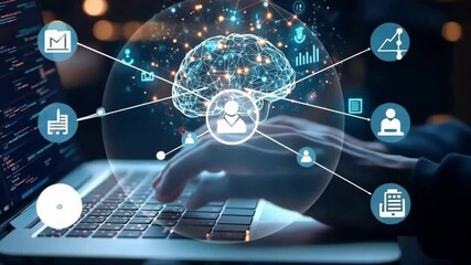 A hand is seen typing on a laptop, surrounded by digital graphics representing artificial intelligence and data analytics, symbolizing the fusion of technology and business in todays world