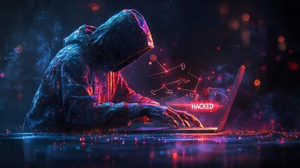 Hacker in Hoodie Using Laptop with Hacked Alert Cybercrime Concept