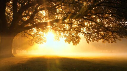 Wall Mural - large tree with a sun shining on it. the sun is in the sky and the tree is in the foreground