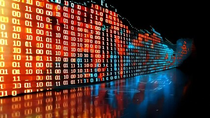 Long line of binary numbers with orange and blue lights. Concept of technology and digital information
